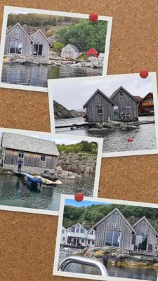 a collage of pictures of houses on the water at Exceptional Cottage 2 meters from the sea, possible to rent boat, Bekkjarvik, 60 km from Bergen in Gauksheim