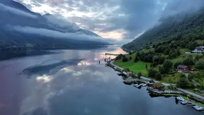 an aerial view of a river in a valley at Fully equipped cabin by the fjord in Volda
