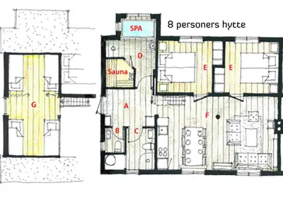 a floor plan of a building with red markings at Gålå Fjellhytte - cabin with sauna and whirlpool tub in Sør-Fron