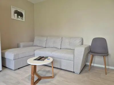 a living room with a couch and a table at Chausseen Apartments in Krogsti