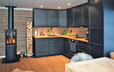 a kitchen with black cabinets and a wood stove at Pet Friendly Home In Gol With Sauna in Gol