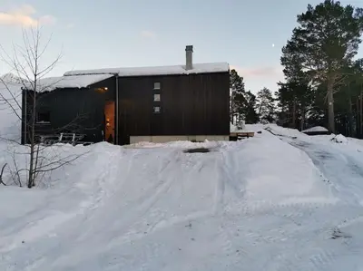 a building with a lot of snow in front of it at Huset ved skogen in Isfjorden