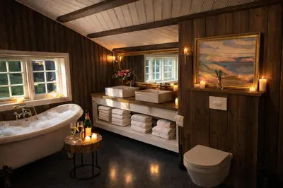 a bathroom with a tub and a toilet and a sink at Traditional timber farm with Sauna & Wi-Fi in Baukål