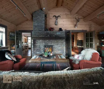 a living room with a stone fireplace in a house at Luxury Cabin at Nesfjellet with sauna, bbq, close to ski & golf in Nes i Ådal