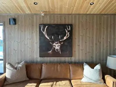 a living room with a couch with a picture of a deer at Aurdalsåsen panorama in Aurdal