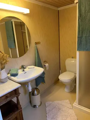 a bathroom with a sink and a toilet and a mirror at Enok Hytter & Resort in Liagardane