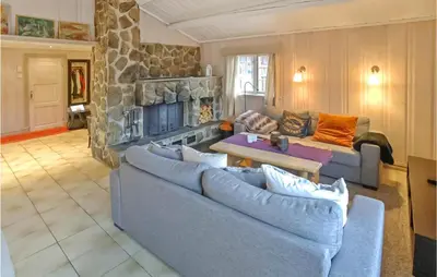 a living room with two couches and a stone fireplace at Awesome Home In Hemsedal With Wifi in Hemsedal