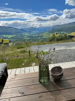 a vase sitting on a wooden table with a bowl at Vangslia, Oppdal. Lekker leilighet med ski inn/ski ut in Oppdal