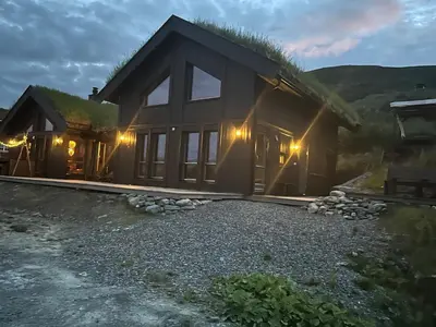 a house with a grass roof with a gravel driveway at Vangslia, Oppdal. Lekker leilighet med ski inn/ski ut in Oppdal