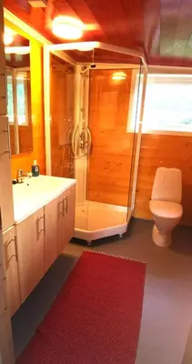 a bathroom with a shower and a sink and a toilet at Alone In The Woods With Your Own River Nearby in Fitjar