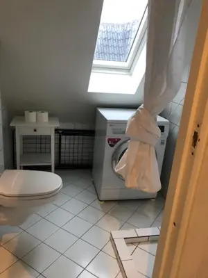 a bathroom with a toilet and a washing machine at Fløyen Apartment in Bergen