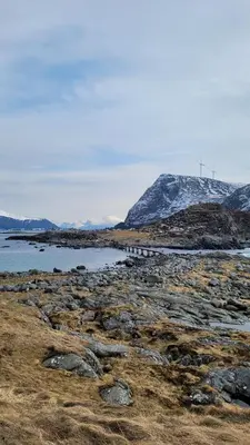 a rocky beach with a snow covered mountain in the background at Haramsøy Holiday Apartment- Island Life North in Haram
