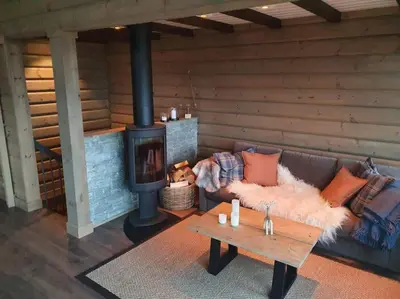a living room with a couch and a fireplace at New, Mountain paradise, biking, alpine touring, skiing in & out in Tyinkrysset