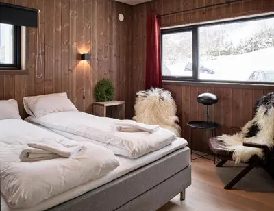 two beds in a room with a dog sitting on a chair at Fjellsætra Alpegrend in Sykkylven