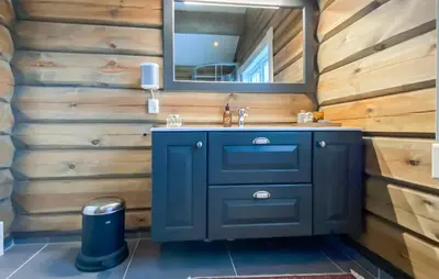 a bathroom with a blue sink and a mirror at Lovely Home In Rauland With Sauna in Rauland