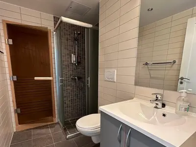 a bathroom with a toilet and a sink and a shower at Bjelbølens stjernely in Beitostøl