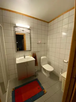 a bathroom with a sink and a toilet and a mirror at Apartment City Beitostølen in Beitostøl