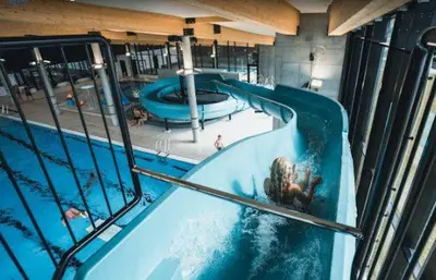 an overhead view of a swimming pool in a building at Tangen - cabin with 4 bedrooms - great nature in Norheimsund