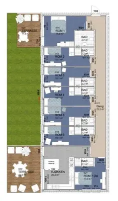 a floor plan of a building with a yard at Norpark Romutleie in Orkanger