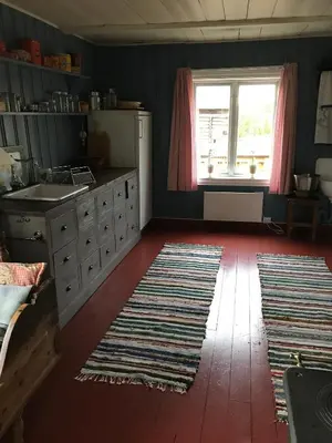 a kitchen with a rug on the floor and a window at Nedre Skogtun cabin by Norgesbooking in Tisleidalen