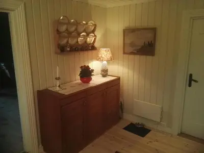 a lamp on top of a cabinet in a room at Nedre Skogtun cabin by Norgesbooking in Tisleidalen