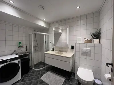 a bathroom with a sink and a toilet and a mirror at Bratsberg Apartment - with Kitchenette and Free Parking in Trondheim