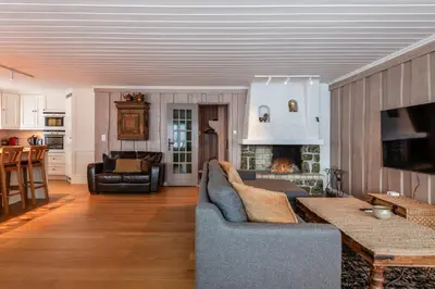 a living room with a couch and a fireplace at Spacious detached house of 209 sqm in the heart of Geilo in Geilo