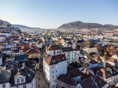 an aerial view of a city with buildings at Bryggen Living in Bergen