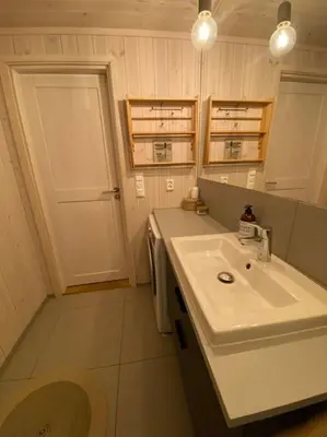 a white bathroom with a sink and a door at Delikat hytte omgitt av Hallingdals vakre fjell in Ål