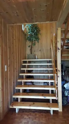 a wooden staircase in a room with a tree at Olden by the fjords of Norway, Bjørkelund in Stryn
