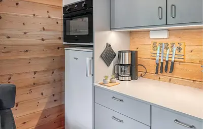 a kitchen with a white refrigerator and wooden walls at 2 Bedroom Cozy Home In Lauvstad in Lauvstad