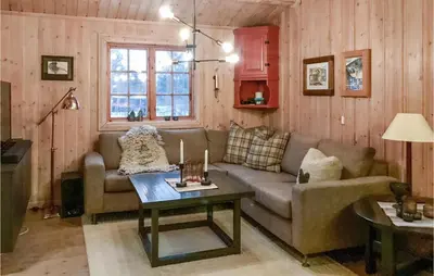 a living room with a couch and a table at 3 Bedroom Cozy Home In Røros in Røros