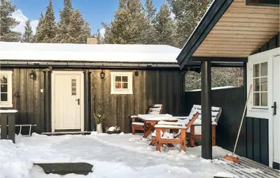 a cabin in the snow with a table and chairs at 3 Bedroom Cozy Home In Røros in Røros