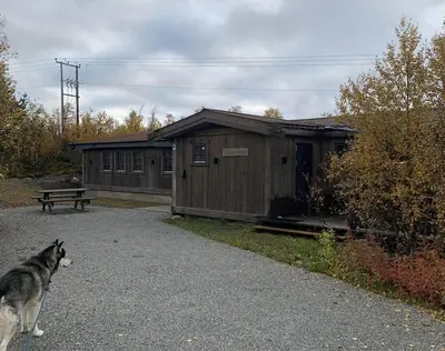a dog is standing in front of a building at New mountain lodge - Geilo-Kikut - Great location in Geilo