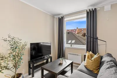 a living room with a couch and a tv and a window at Forenom Serviced Apartments Bergen Skottegaten in Bergen