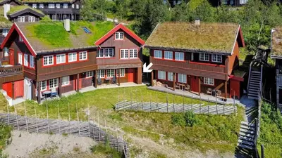 an aerial view of a house with a grass roof at Bjødnabakkens innbydende in Beitostøl