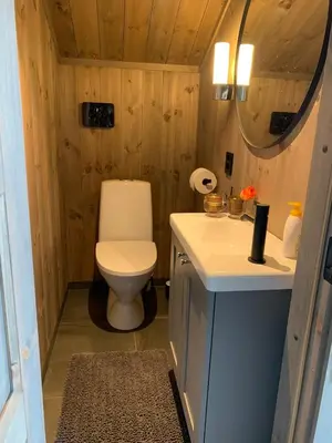 a bathroom with a toilet and a sink and a mirror at Gaustablikk Sportshytte midt i naturen in Rjukan