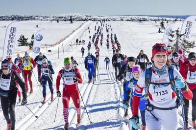 a group of people cross country skiing in the snow at Leilighet med panoramautsikt Sjusjøen Innendørs parkering in Sjusjøen