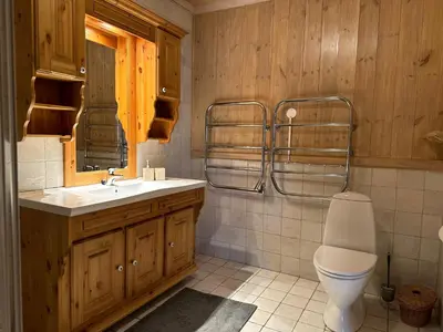 a bathroom with a toilet and a sink and a mirror at Bjødnabakkens historie in Beitostøl