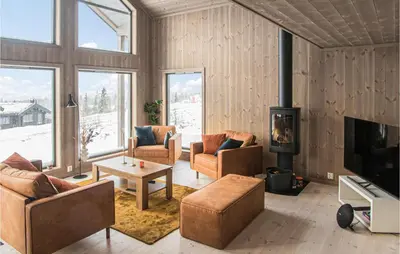 a living room filled with furniture and a fireplace at 4 Bedroom Lovely Home In Østby in Østby