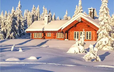 a log cabin in the snow with snow covered trees at Beautiful Home In Sjusjoen in Sjusjøen