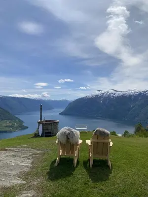 two sheep statues sitting on top of a grass field at Raaum Gard, hytte 2 in Hafslo
