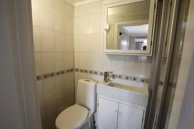 a bathroom with a toilet and a sink and a mirror at Kvetos fjellgårdsutsikt in Beitostøl