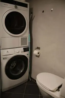 a washing machine sitting next to a toilet in a bathroom at Dinbnb Apartments I Charming 3-Bedroom in the Heart of the City in Bergen