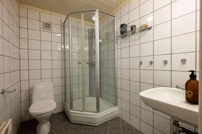 a bathroom with a shower and a toilet and a sink at Koselig leilighet i rolig boligfelt in Gol