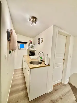 a small white kitchen with a sink and a door at Litle cozy apartment in Ålesund in Ålesund