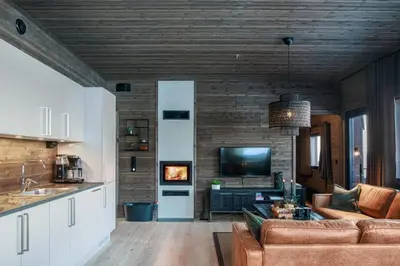 a living room with a couch and a tv at New ap The Nest in Hafjell ski in out and fast Wifi in Øyer