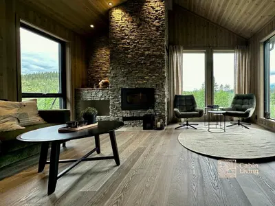 a living room with a couch and a fireplace at Brand new cabin on the sunny side of Gaustatoppen with a beautiful view in Tuddal