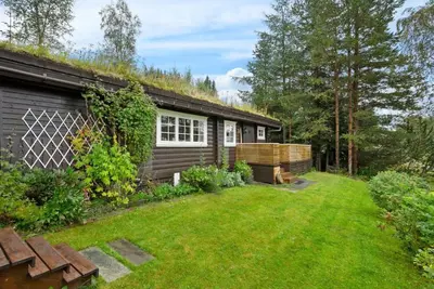 a house with a grass yard in front of it at Gaulabua - cozy cabin by the river Gaula in Haltdalen