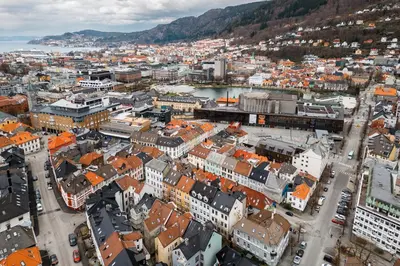 an aerial view of a city with buildings at Meltzers Apartments in Bergen